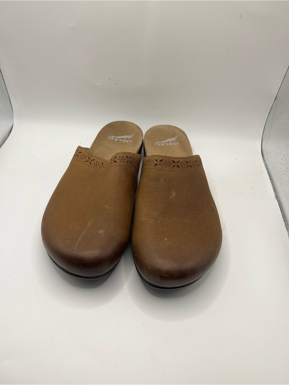 Dansko Brown Leather Slip-On Clogs with Laser-Cut Detail